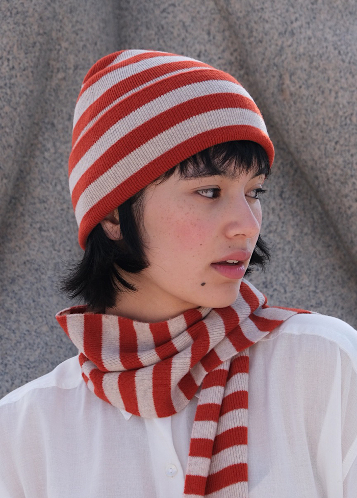Merino Hat – Striped Rosehip / Beige
