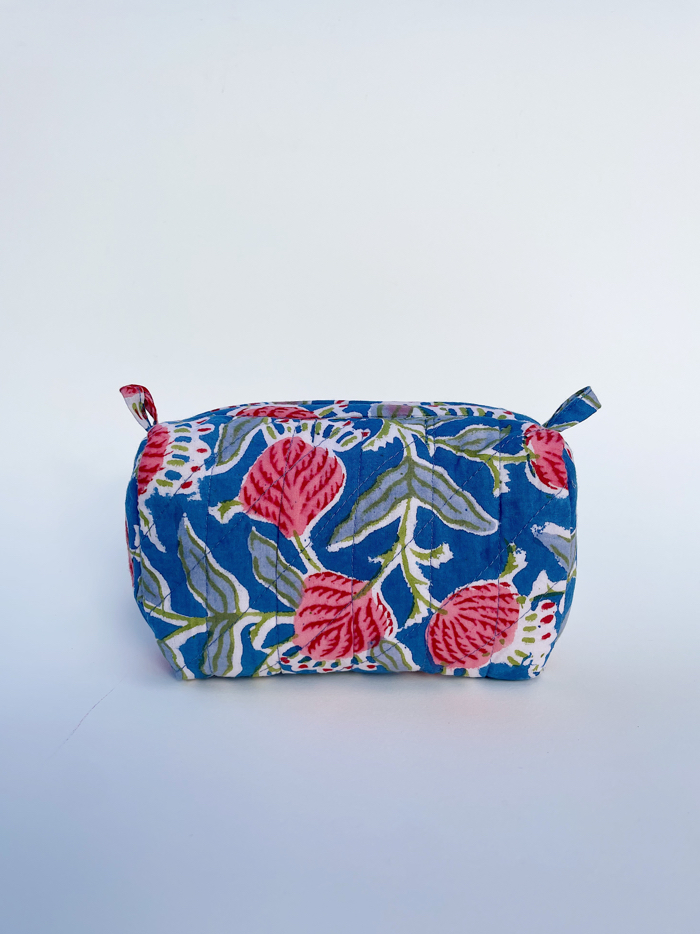 Quilted Cosmetic Bag – Blue Pompom