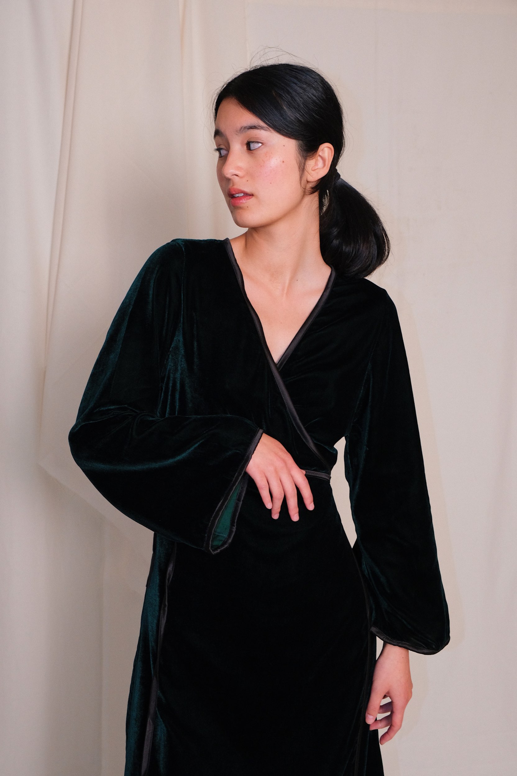 green Silk Velvet Wrap Dress – Green