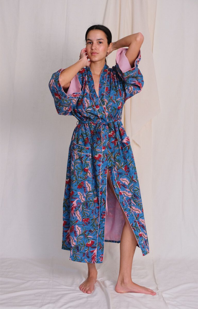 Kimono Robe w/ silk lining – Wildflower Blue