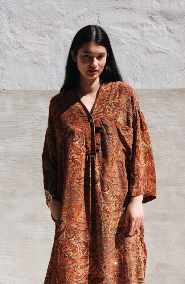 Embroidered Silk Sari Kaftan - Image 2