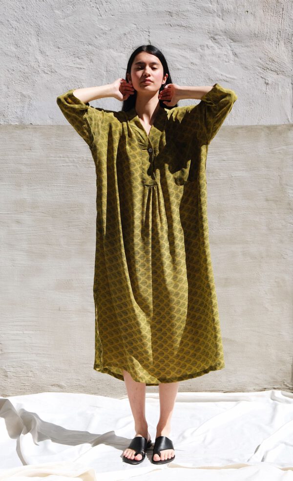 Silk Sari Kaftan - Olive