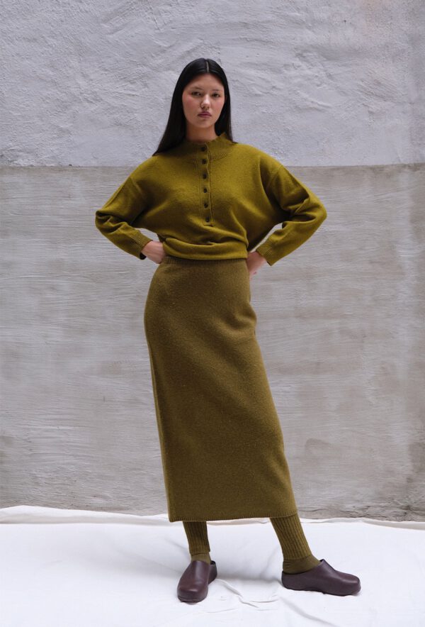 Boiled Wool Skirt - Olive - Image 4