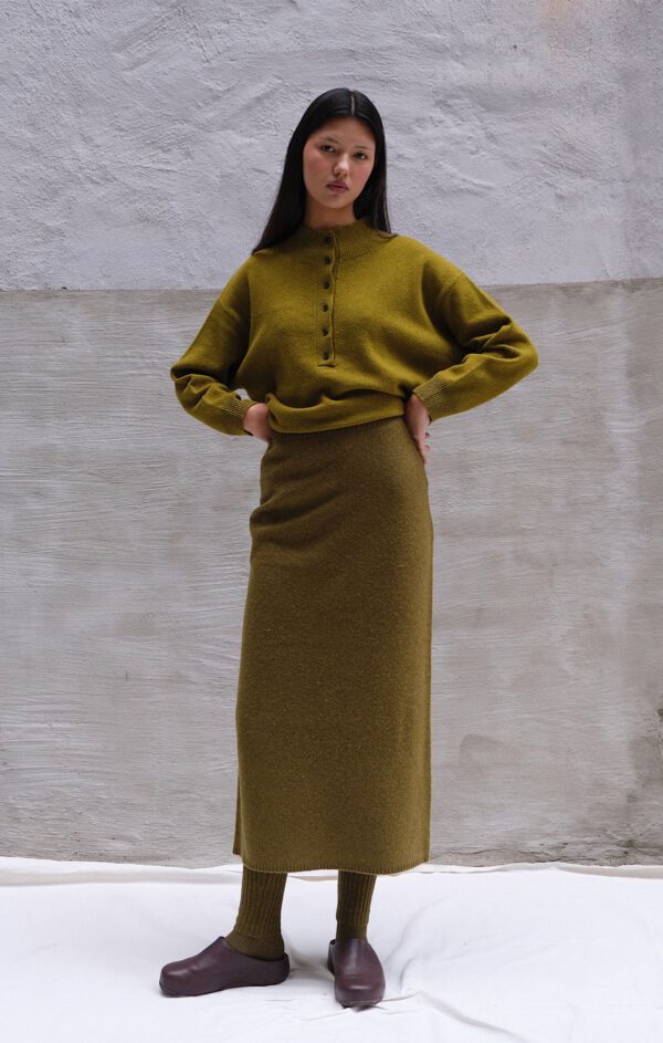 Boiled Wool Skirt - Olive - Image 5