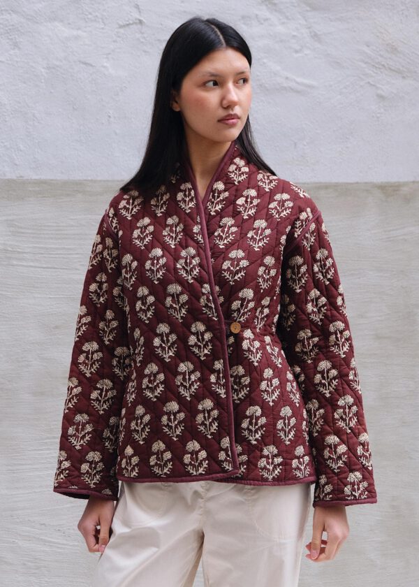 Quilted Kimono Jacket - Maroon Bloom