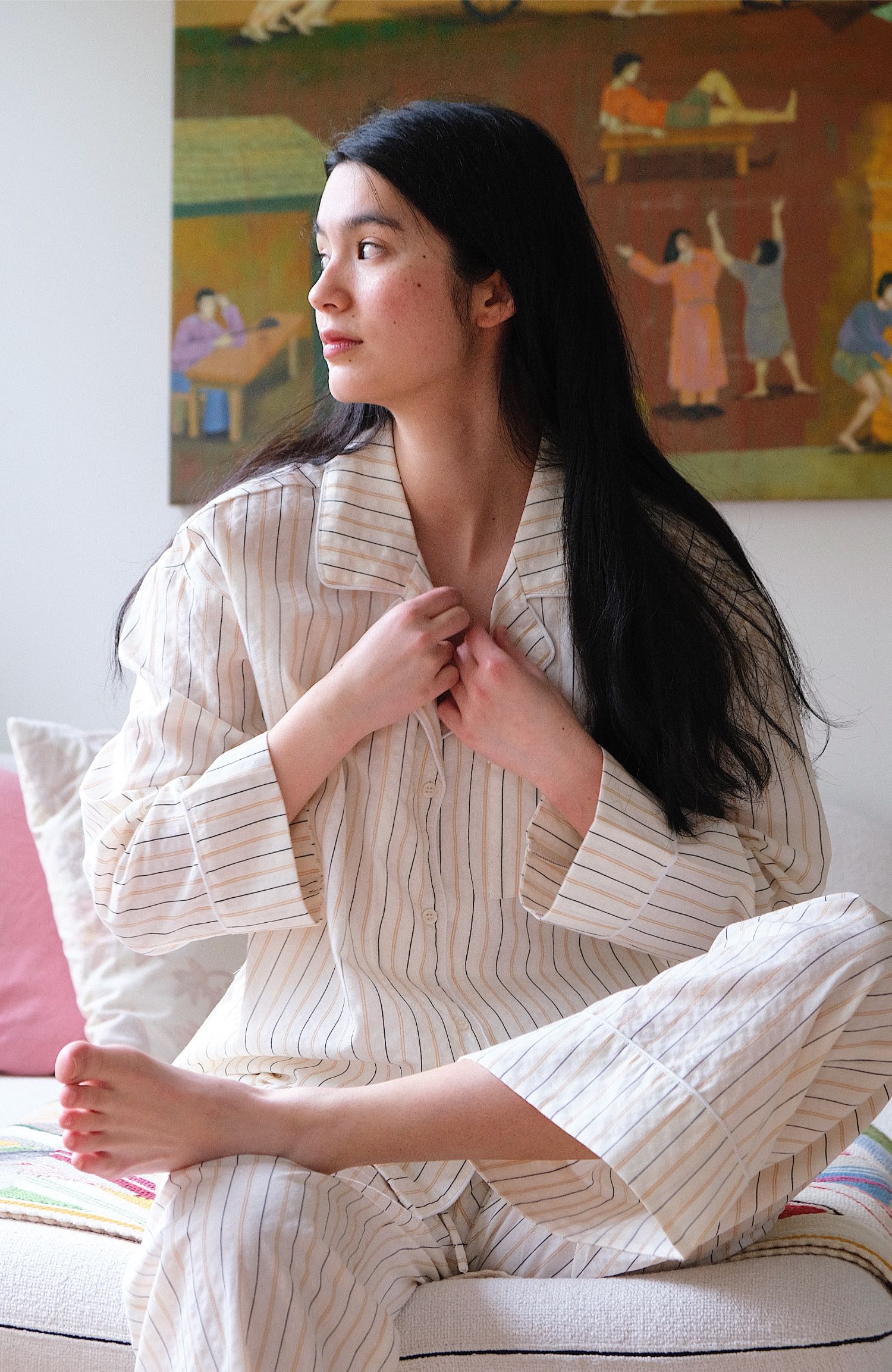 crêpe_pyjama Crêpe Pyjama Set – Yellow Pinstripe