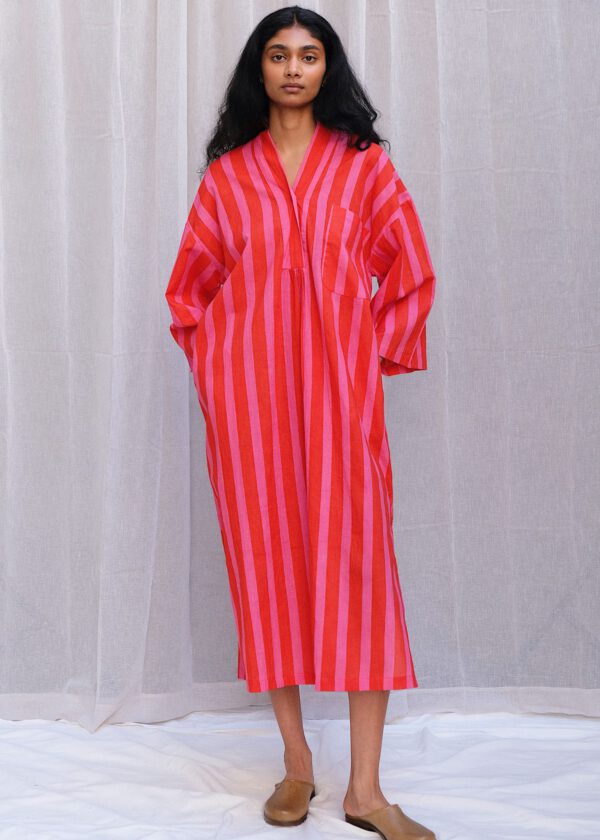 Cotton Kaftan - Pink/ Red Stripes