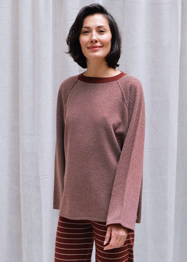 Striped Merino Raglan Knit - Dark Henna/ Cream