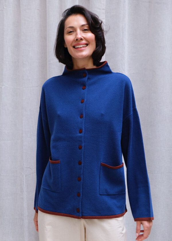 Merino Funnelneck Cardi - Blue/ Henna