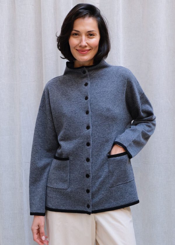 Merino Funnelneck Cardi - Ash/ Black