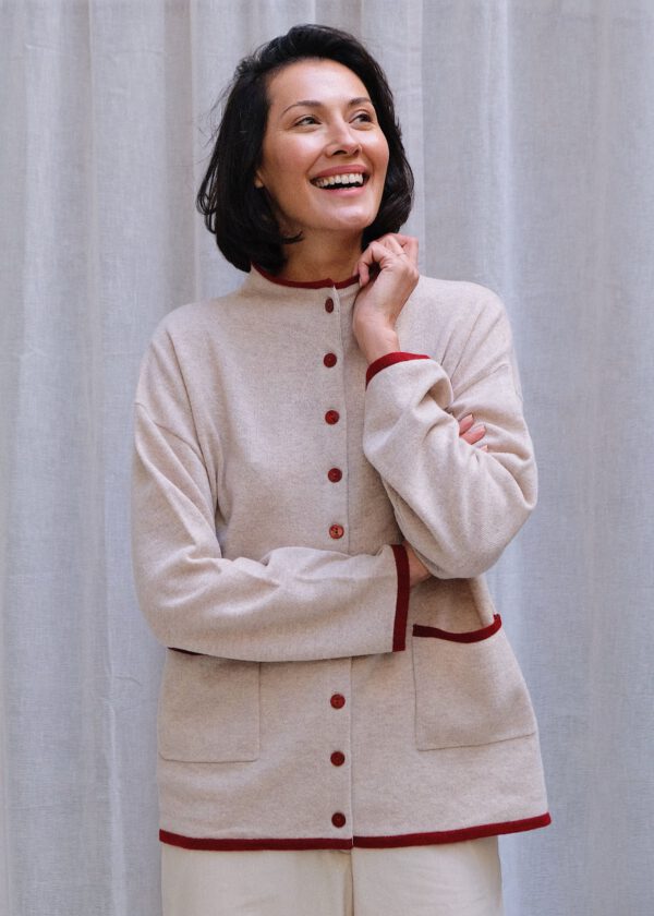 Merino Funnelneck Cardi - Cream/ Wine